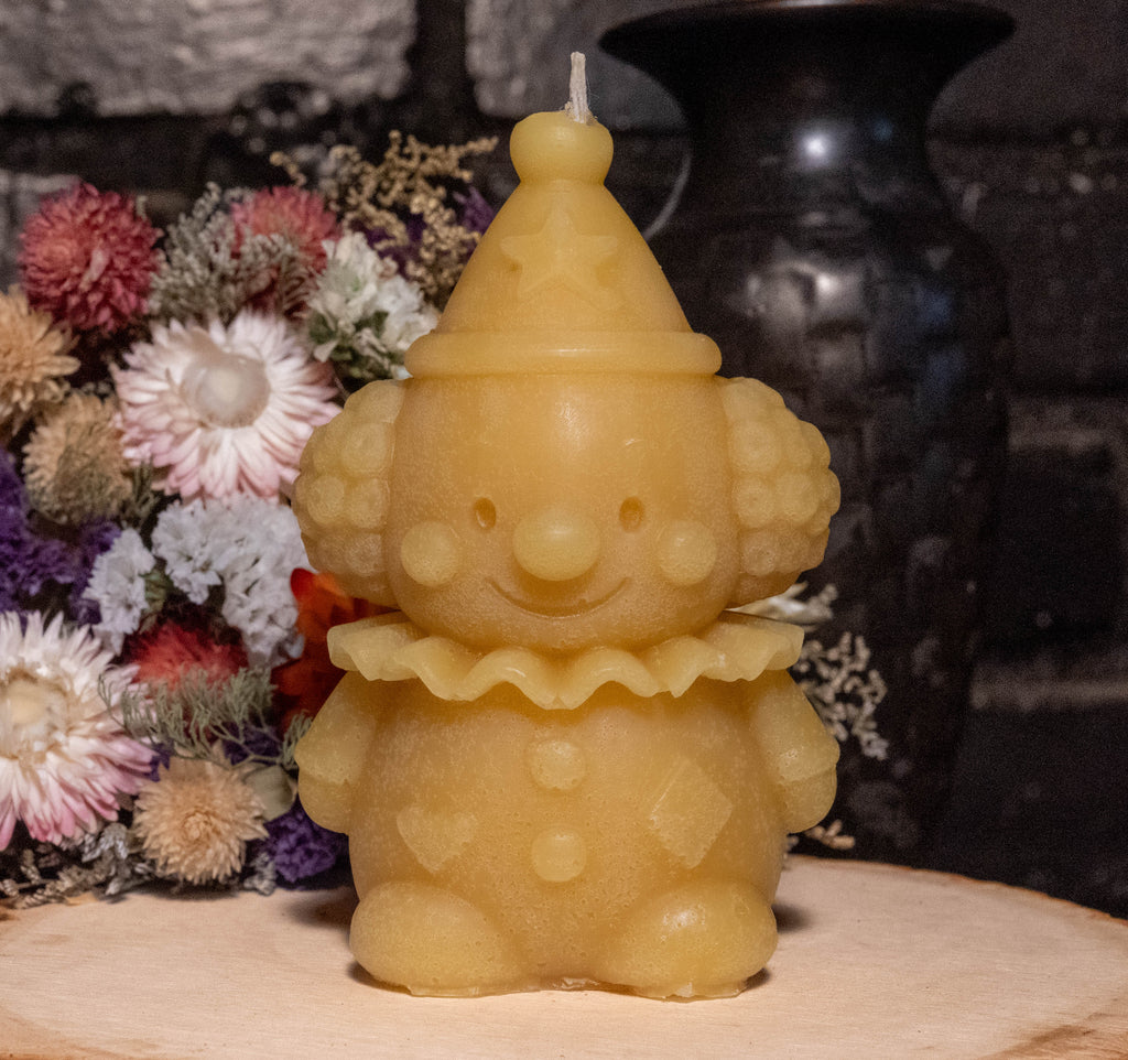 Clown Beeswax Candle: Hand-Poured Halloween Sculpture, Vintage Circus Decor