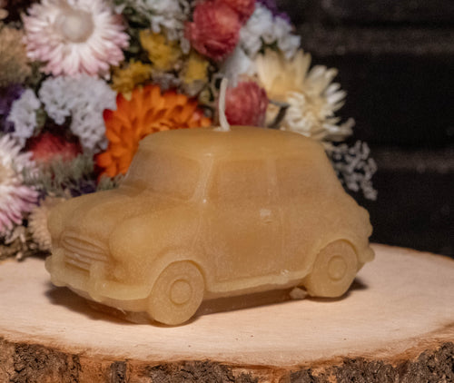 Classic Mini Car Beeswax Candle: Hand-Poured Vintage British Auto Decor