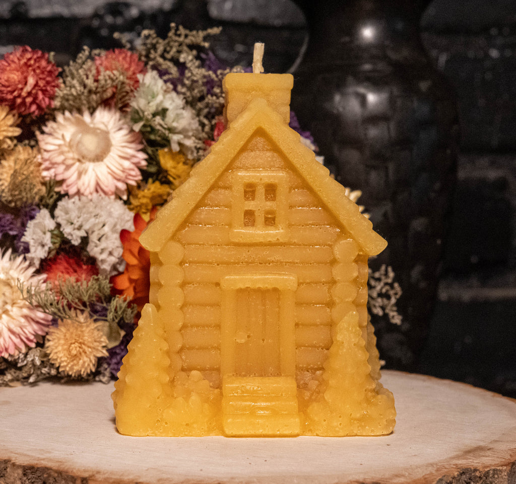 Cabin Beeswax Candle: Hand-Poured Rustic Cottage Sculpture, Cozy Home Gift