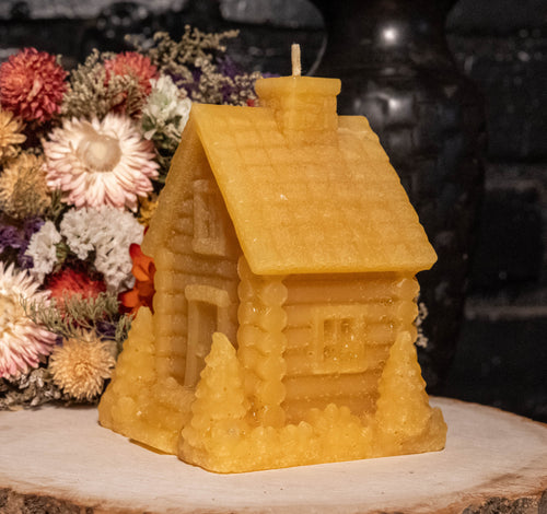 Cabin Beeswax Candle: Hand-Poured Rustic Cottage Sculpture, Cozy Home Gift
