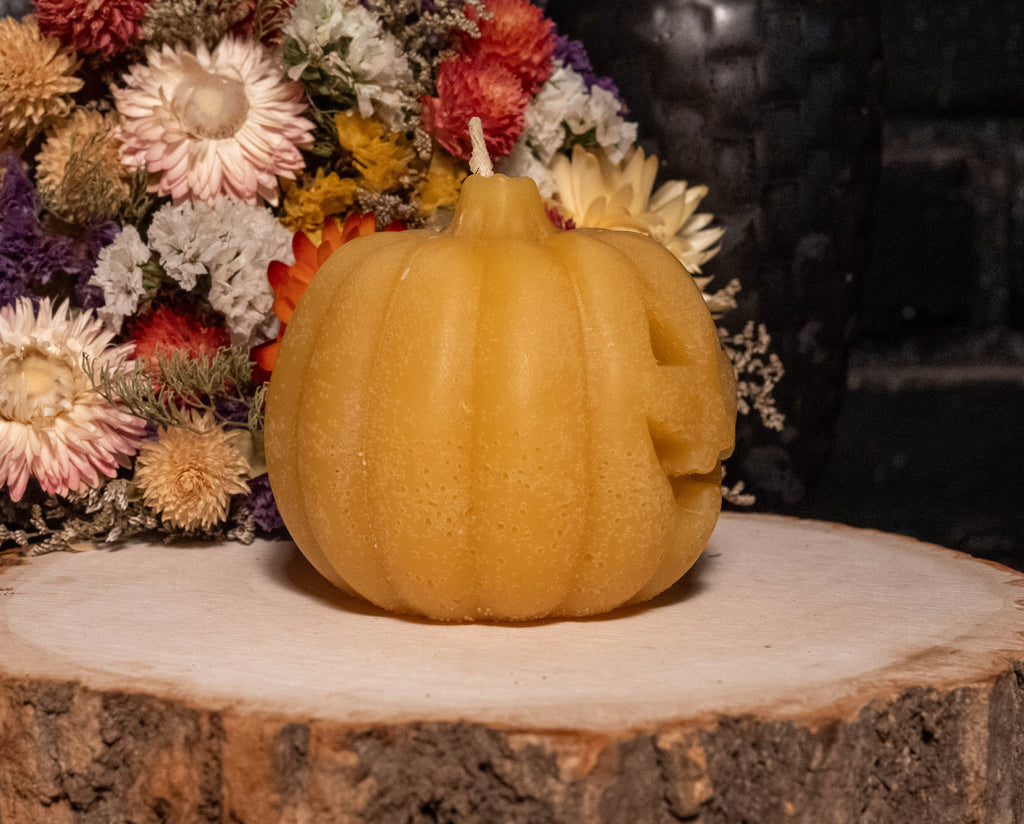 Jack-O’-Lantern Beeswax Candle: Hand-Poured Halloween Pumpkin Decor