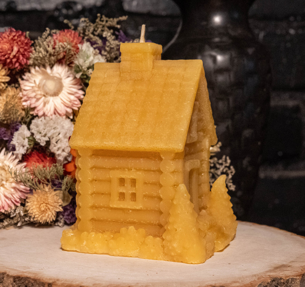 Cabin Beeswax Candle: Hand-Poured Rustic Cottage Sculpture, Cozy Home Gift